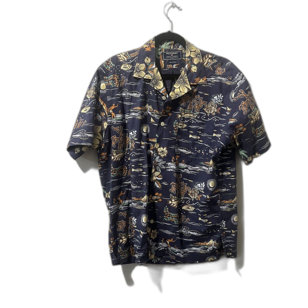 VTG Polo Sport Ralph Lauren Shirt Hawaiian Button Up Blue M Short Sleeve